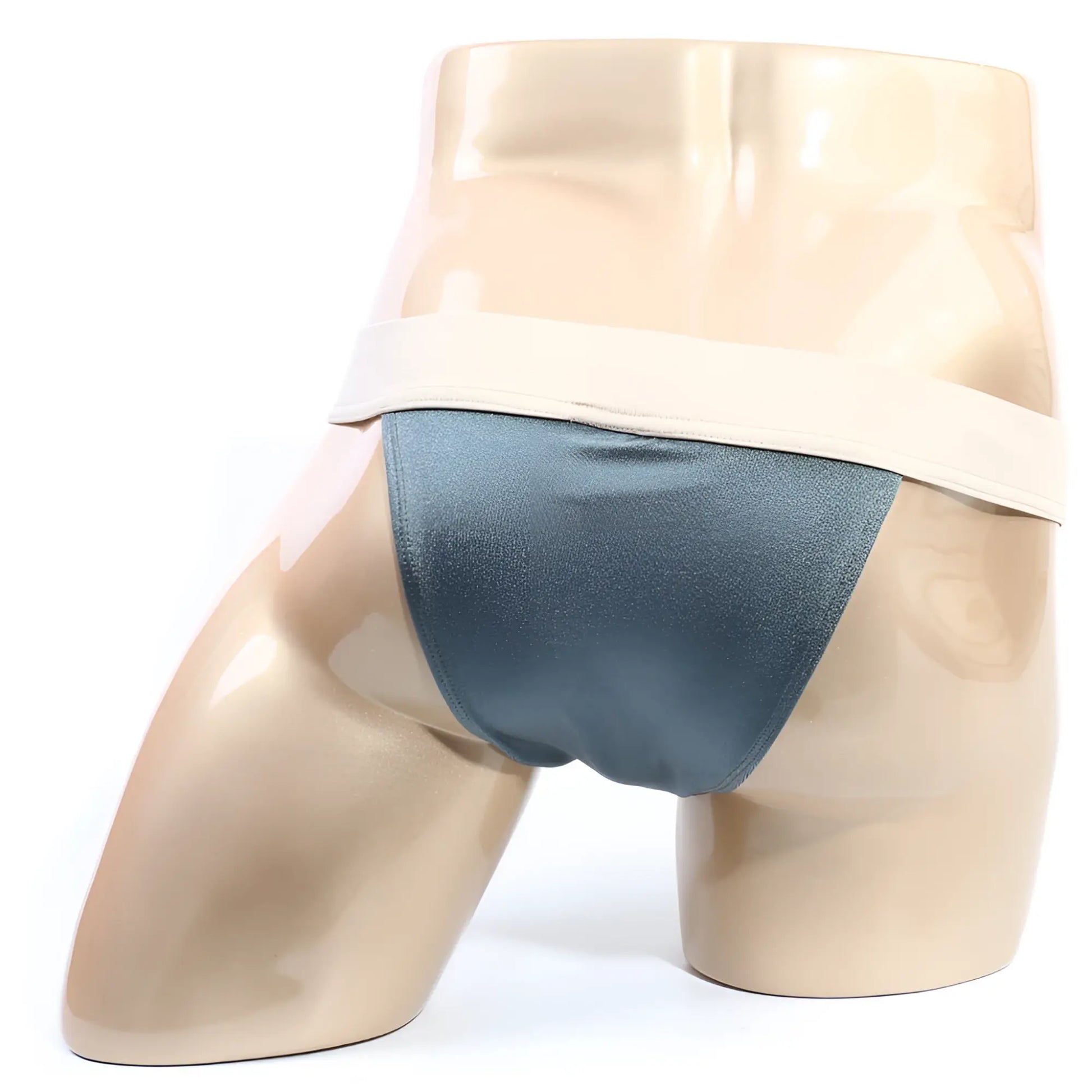 Dark teal satin briefs with a wide beige waistband from metromalewear cosmos bikini moss 1124-07 collection