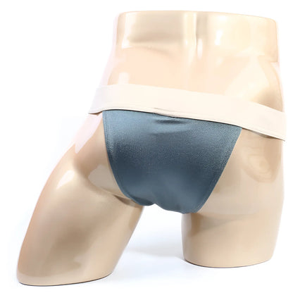 Dark teal satin briefs with a wide beige waistband from metromalewear cosmos bikini moss 1124-07 collection