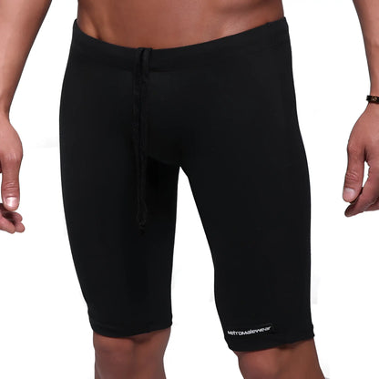 Black cotton athletic shorts with drawstring waistband and metromalewear logo on lower right leg by MetroMaleWear
