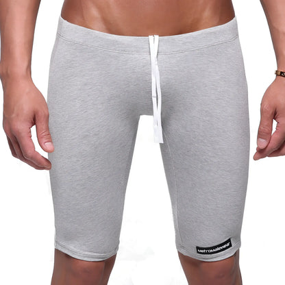 Gray heathered cotton biker shorts with white drawstring and black metromalewear label on lower right leg