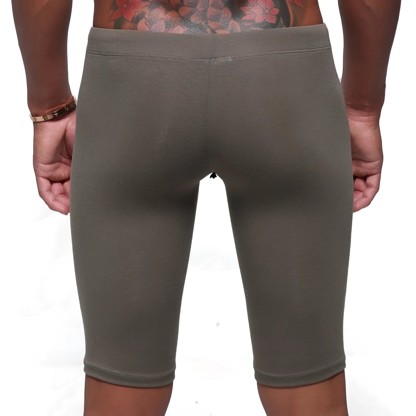 Olive green cotton stretch bike shorts with high waistband and ribbed cuffs by metromalewear model 3020-26