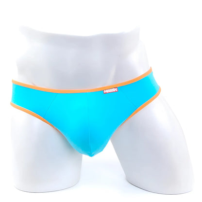 MetroMaleWear cotton half-bikini thong teal bright turquoise briefs with orange trim and a small red brand tag