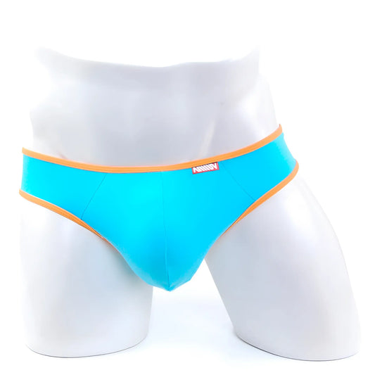 MetroMaleWear cotton half-bikini thong teal bright turquoise briefs with orange trim and a small red brand tag