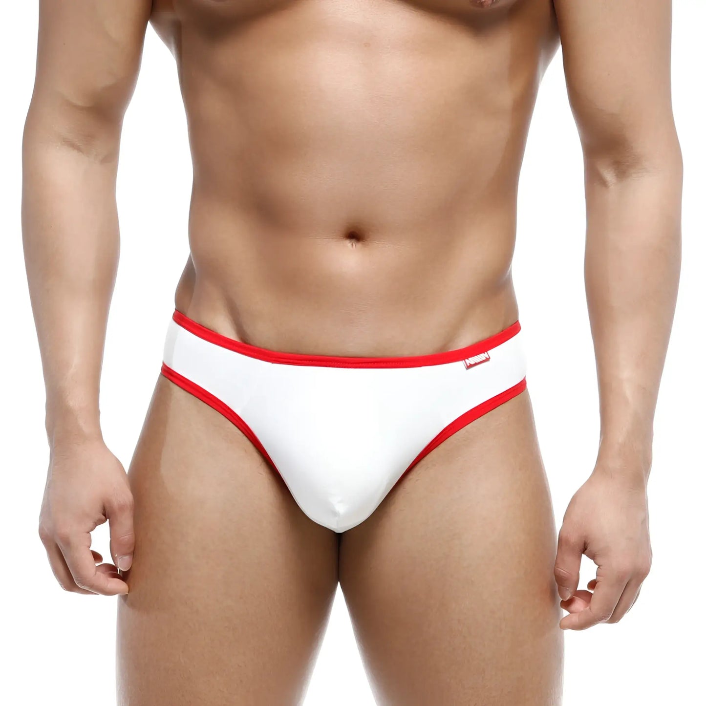 White cotton half-bikini thong with red trim from MetroMaleWear shown from the back side