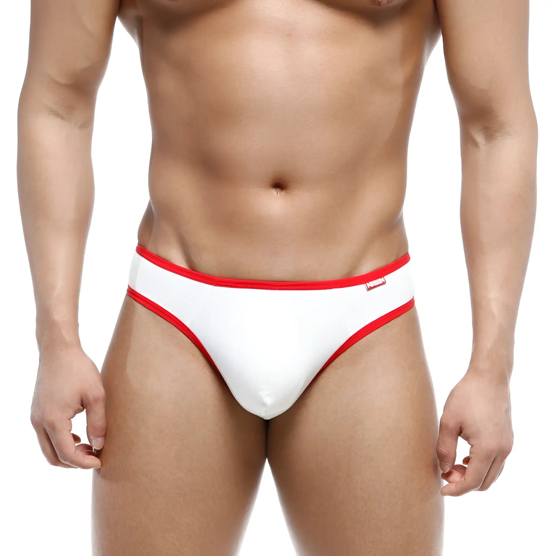 White cotton half-bikini thong with red trim from MetroMaleWear shown from the back side