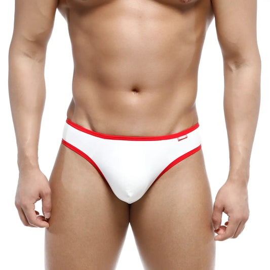 White cotton half-bikini thong with red trim from MetroMaleWear shown from the back side