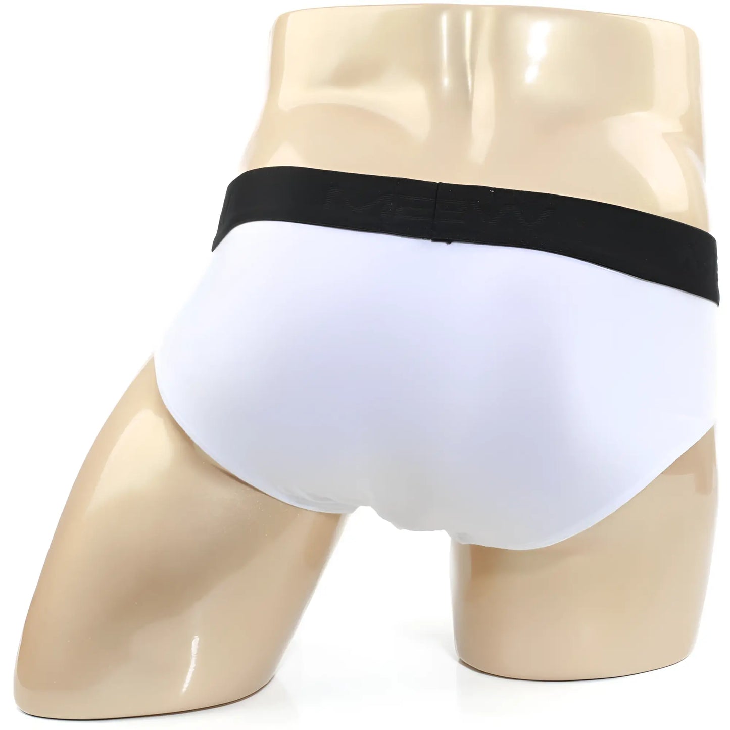 White cotton hip briefs with black elastic waistband featuring meev brand logo metroMalewear cristalino 3006-02