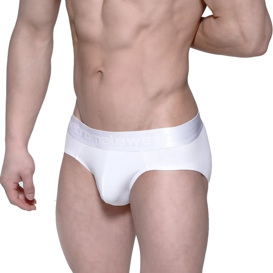 White mens cotton hip briefs with smooth form fitting design and elastic waistband embossed branding metro male wear crystal