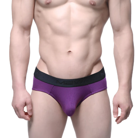 Purple cotton metro malewear hip brief with black elastic waistband and mean branding in white lettering