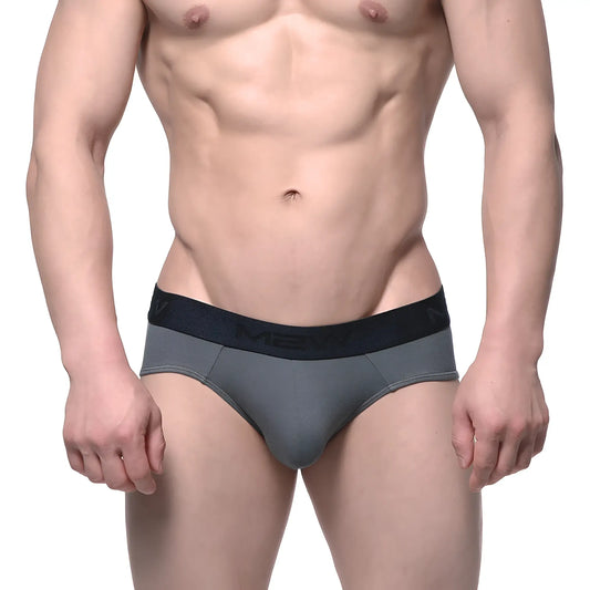 Gray mens cotton hip briefs with black elastic waistband featuring meny logo from metromalewear green 3006-26