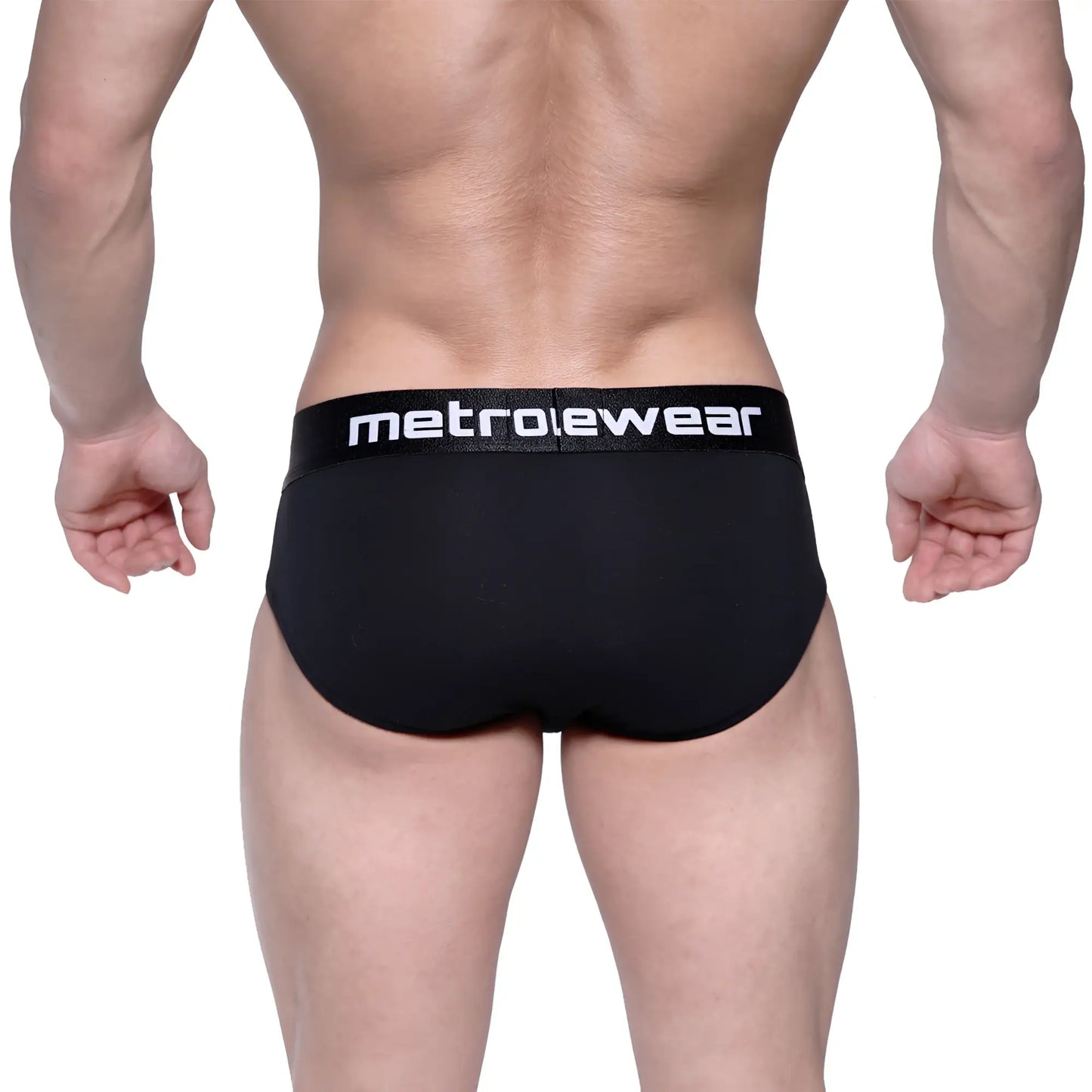 Black MetroMaleWear cotton hip briefs with a white logo band showing front side design and comfortable fit