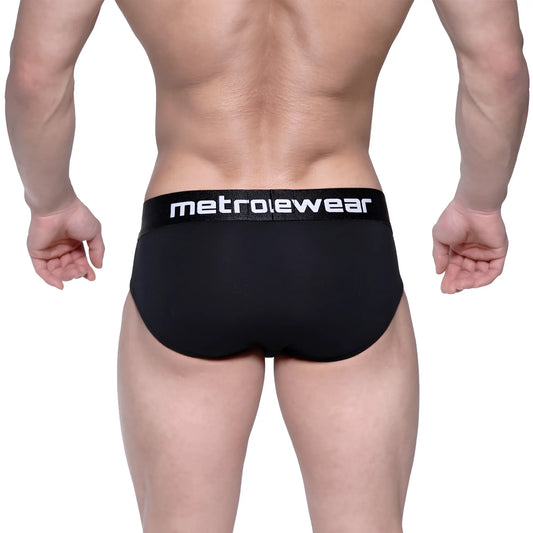 Black MetroMaleWear cotton hip briefs with a white logo band showing front side design and comfortable fit