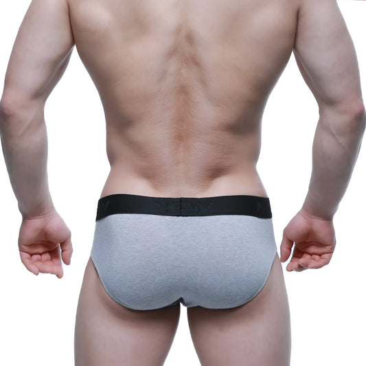 Gray heathered cotton hip briefs with black elastic waistband featuring metro male wear logo in jasper gray 3006-09