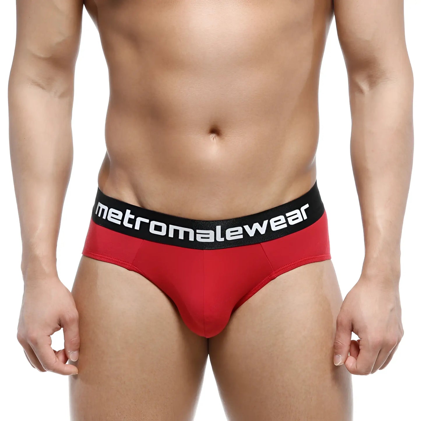 Red men’s cotton hip briefs terracotta with black waistband and metromalewear logo for comfortable daily wear
