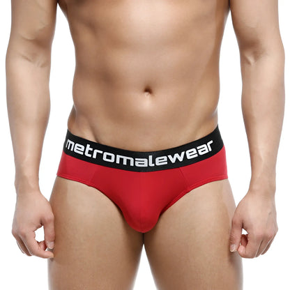 Red men’s cotton hip briefs terracotta with black waistband and metromalewear logo for comfortable daily wear
