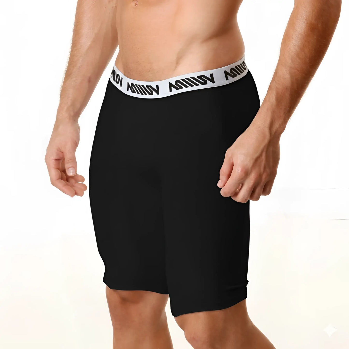 Black mens cotton athletic shorts with white elastic waistband and aquav logo metroMalewear long 15inch