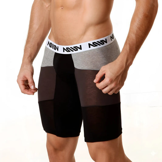 Black and gray cotton athletic boxer briefs with white adidas logo waistband from metromalewear long short 15 inch collection