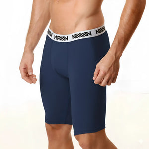 Navy blue cotton athletic briefs with white elastic waistband featuring black metro malewear logo text front view