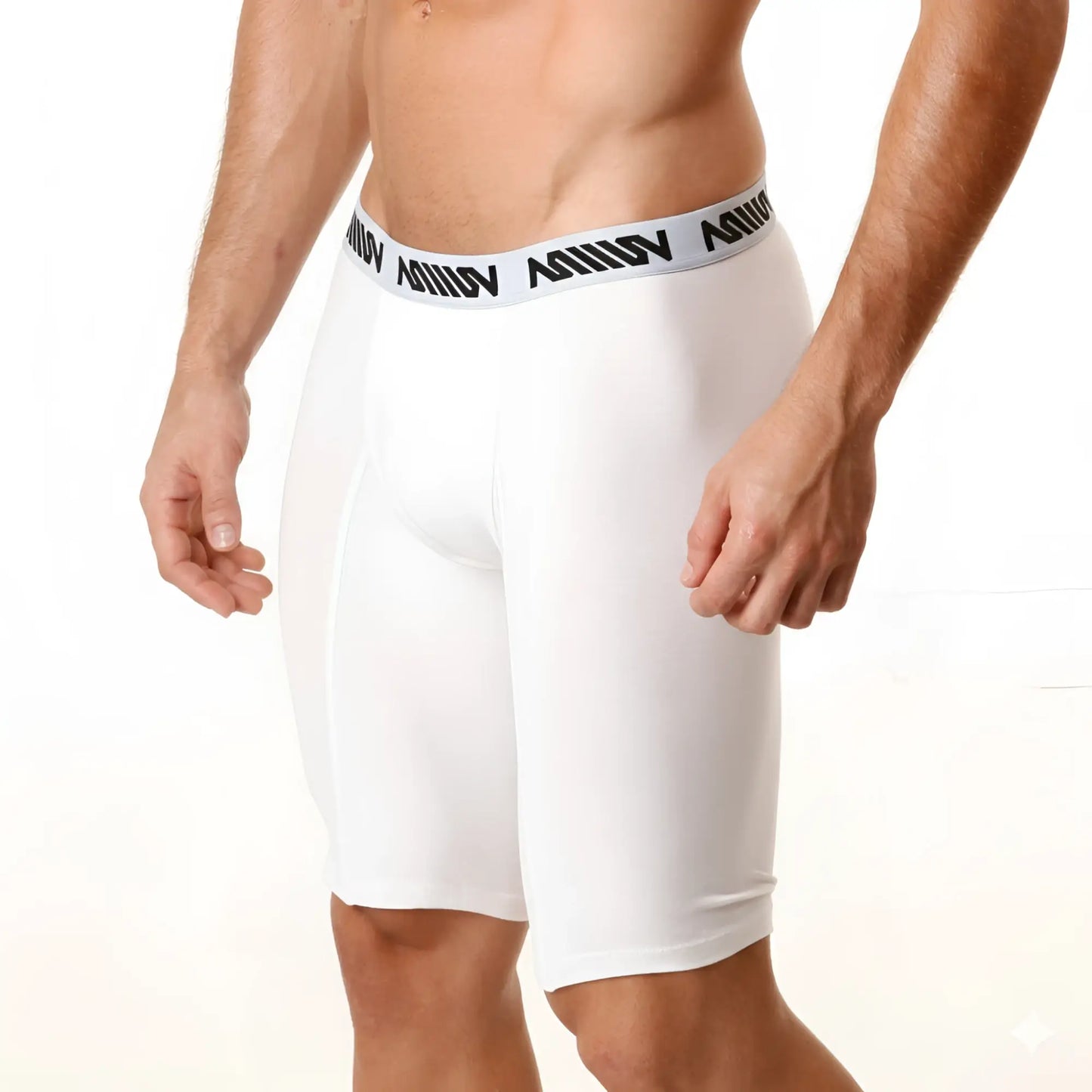 White men’s cotton compression shorts metro malewear with 15 inch length and black aquav logo waist band