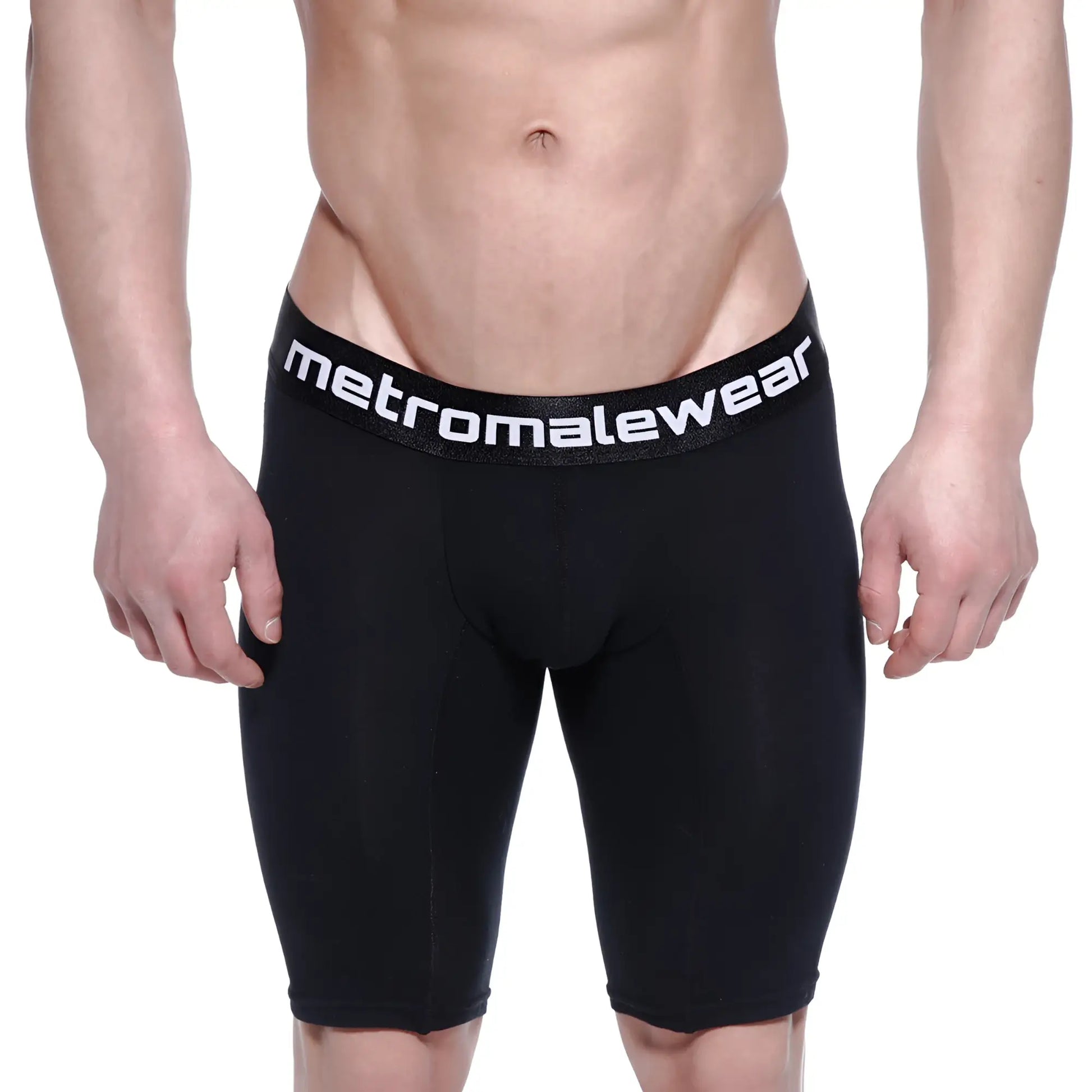 Black metromalewear cotton compression shorts with 15 inch inseam and white logo band for intense workouts
