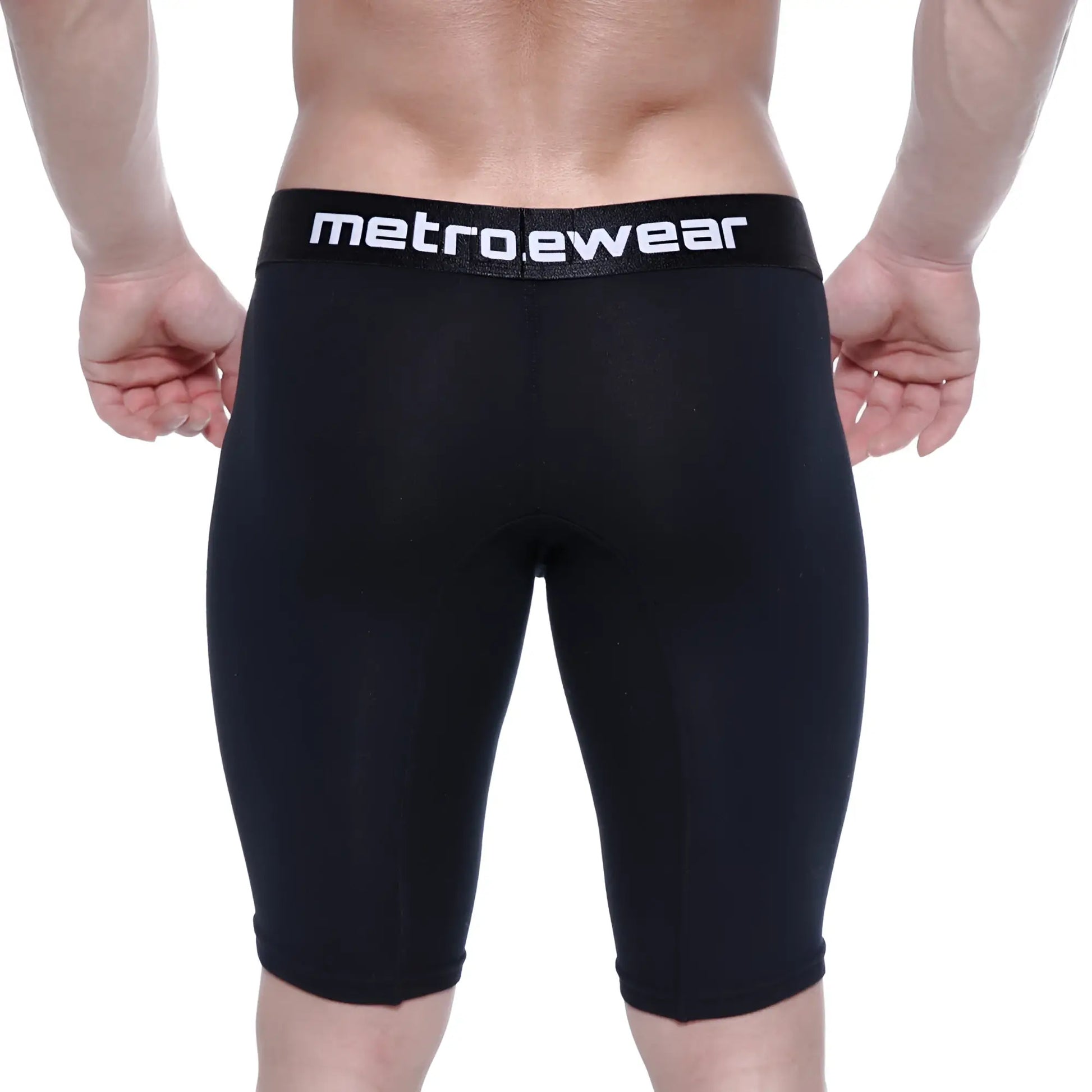 Black metrowear cotton compression shorts with elastic waistband and snug form-fitting design in metro malewear 15 inch model