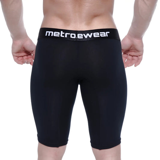 Black metrowear cotton compression shorts with elastic waistband and snug form-fitting design in metro malewear 15 inch model