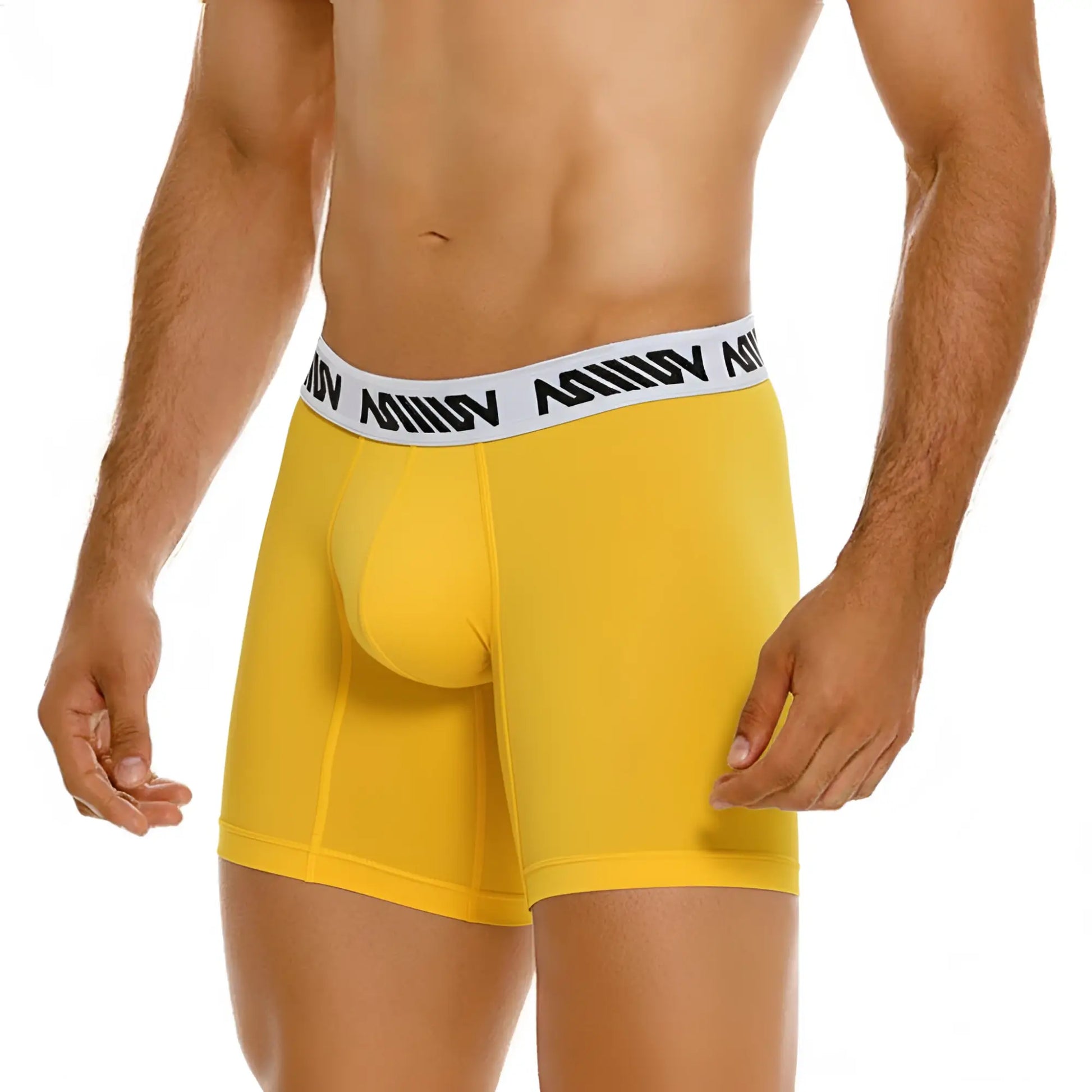 Bright yellow cotton metro malewear mid boxer briefs with white waistband and black logo text for men