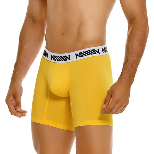 Bright yellow cotton metro malewear mid boxer briefs with white waistband and black logo text for men