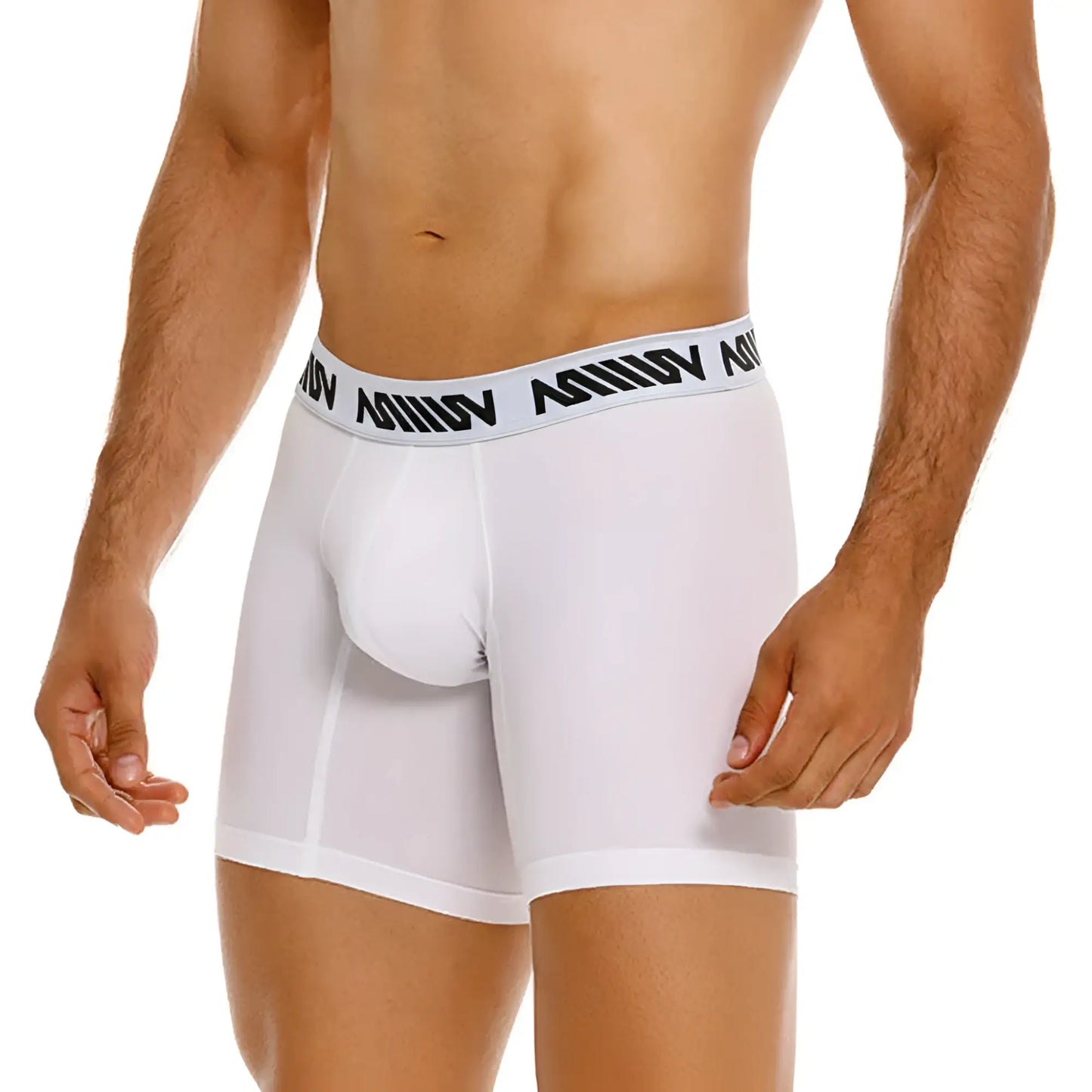 White men’s cotton boxer briefs with 10 inch inseam and black amin logo band from MetroMaleWear