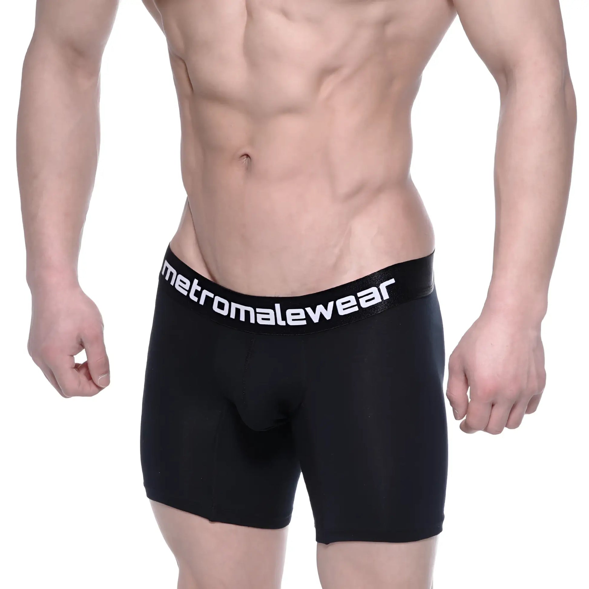 Black cotton mid boxer briefs with intense 10 inch length and white metromalewear logo waistband by metromalewear