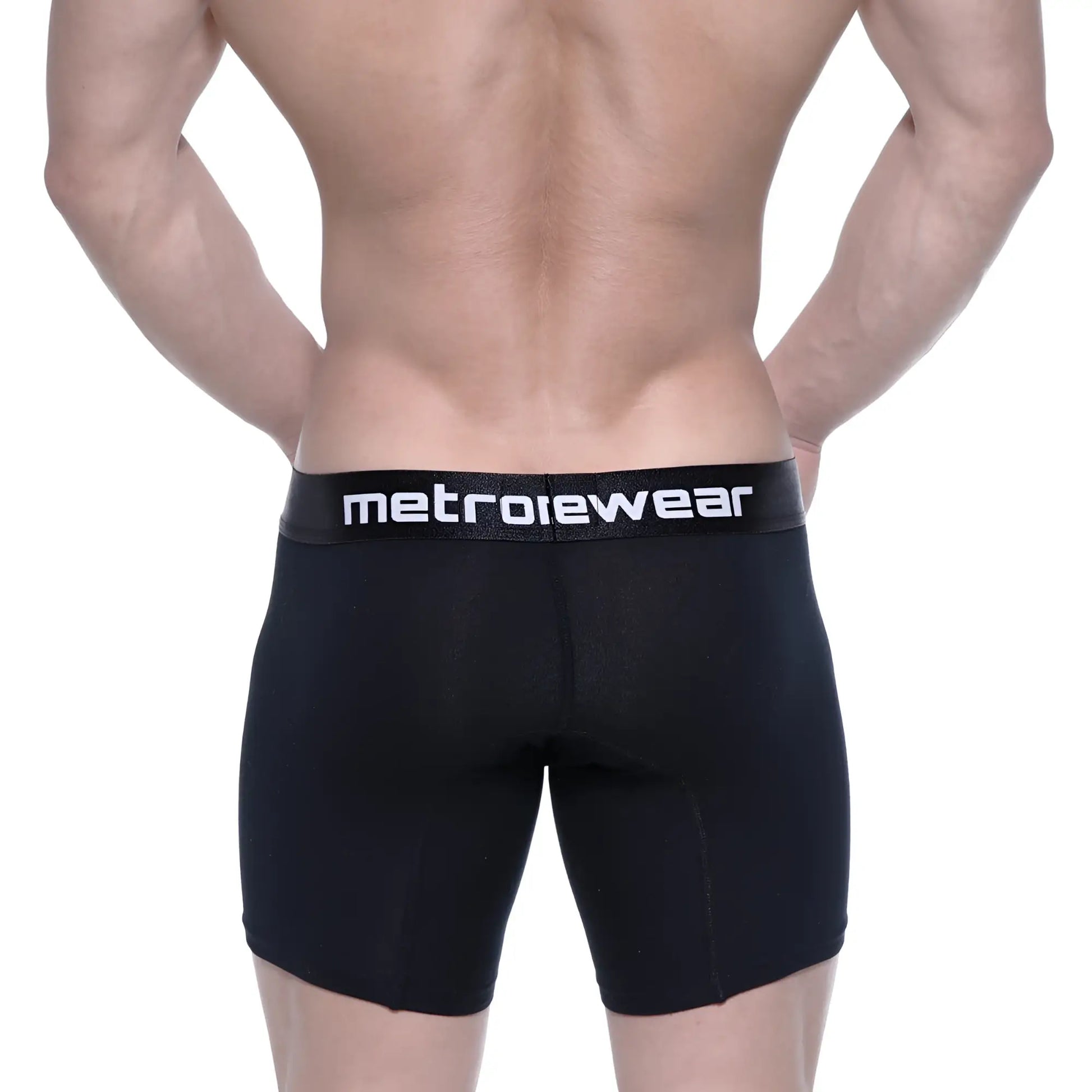Black metrowear cotton mid boxer briefs with a 10 inch inseam and white logo on the waistband