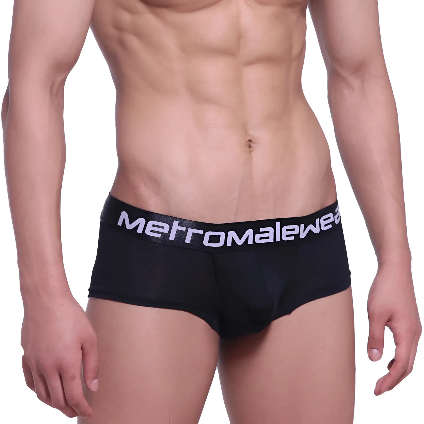 Black mens cotton pouch boxer briefs in black with white metromalewear logo on waistband 3013-20