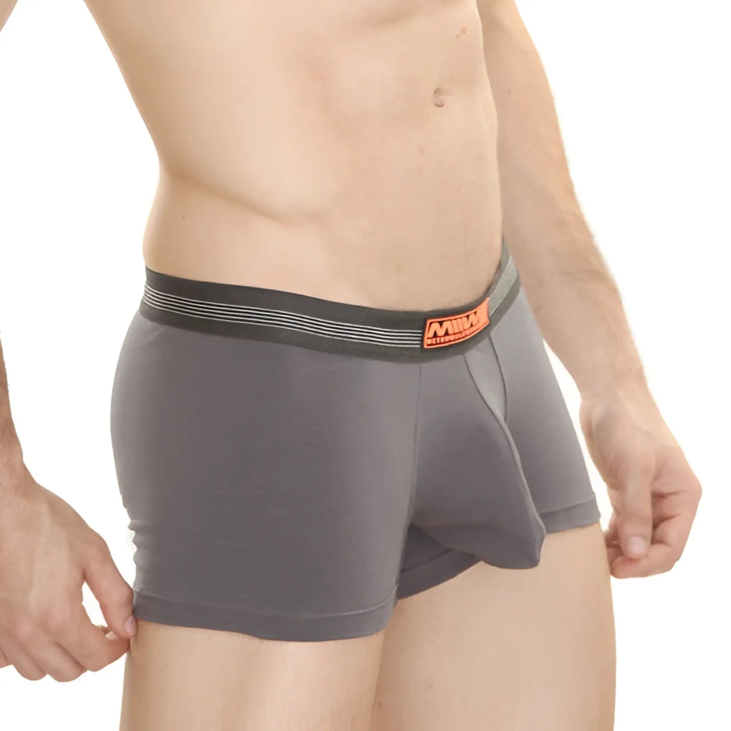 Gray cotton men’s boxer briefs with black waistband white stripes and orange milk label metroMaleWear charcoal 3013-11
