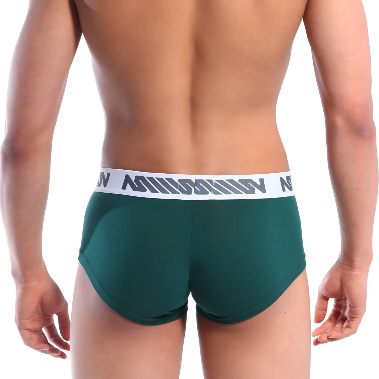 Dark green cotton pouch boxer briefs with white elastic waistband and gray geometric logo pattern by metromalewear