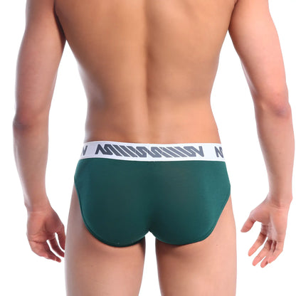 Dark green cotton pouch hip briefs with white elastic waistband and gray logo pattern from MetroMaleWear