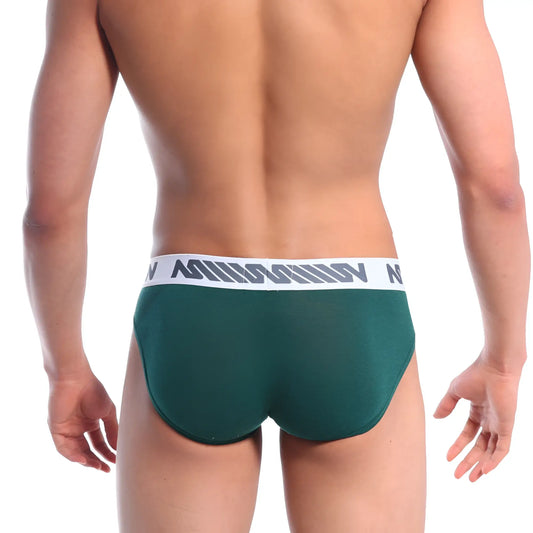 Dark green cotton pouch hip briefs with white elastic waistband and gray logo pattern from MetroMaleWear