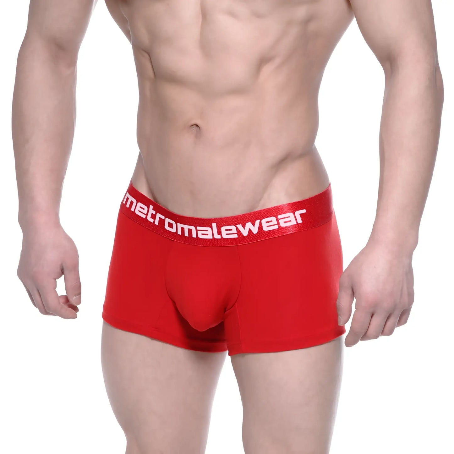 Red cotton men’s briefs with a 7 inch inseam and white metromalewear logo on the elastic waistband