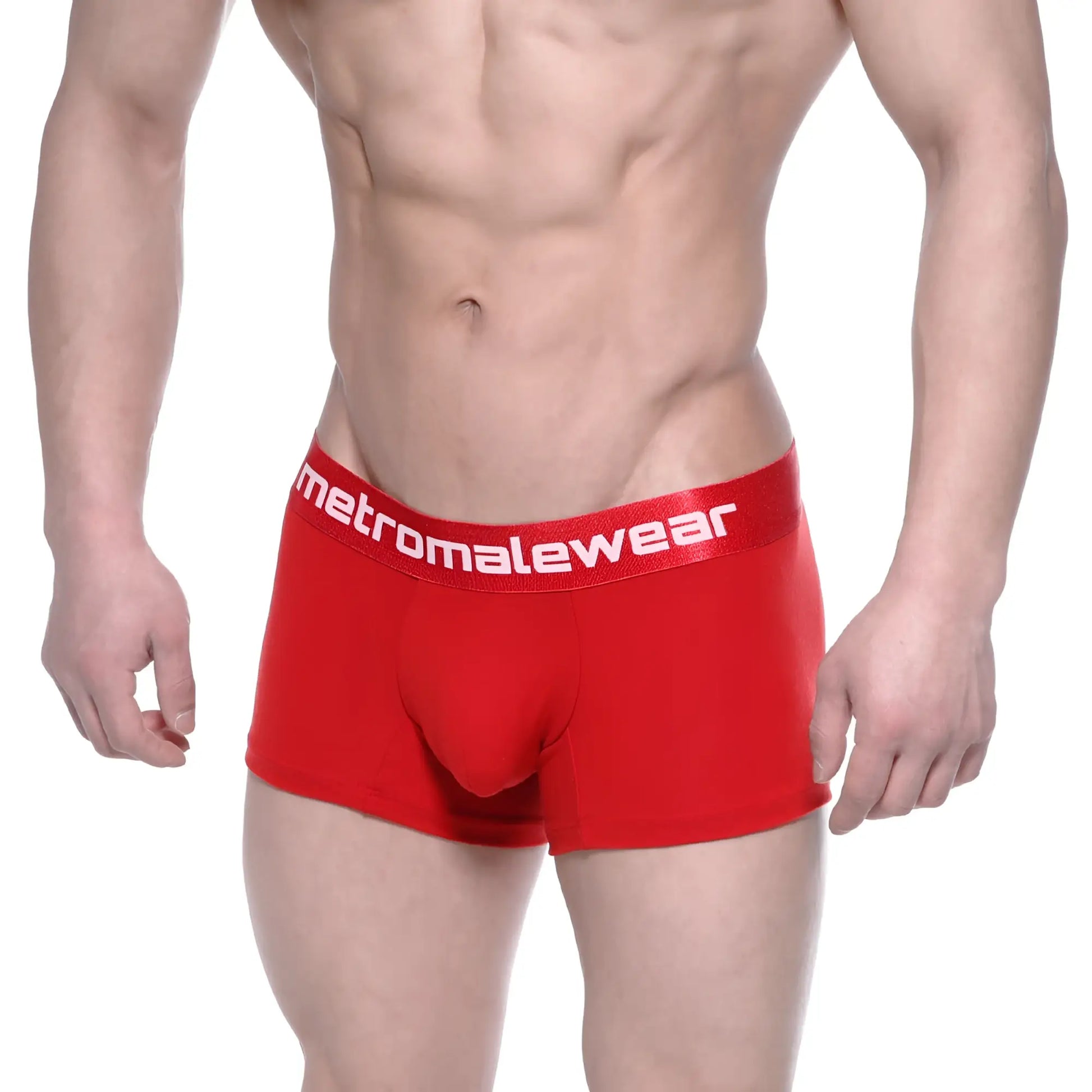 Red cotton men’s briefs with a 7 inch inseam and white metromalewear logo on the elastic waistband