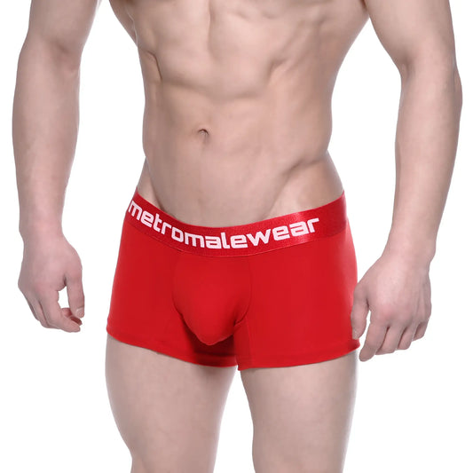 Red cotton men’s briefs with a 7 inch inseam and white metromalewear logo on the elastic waistband