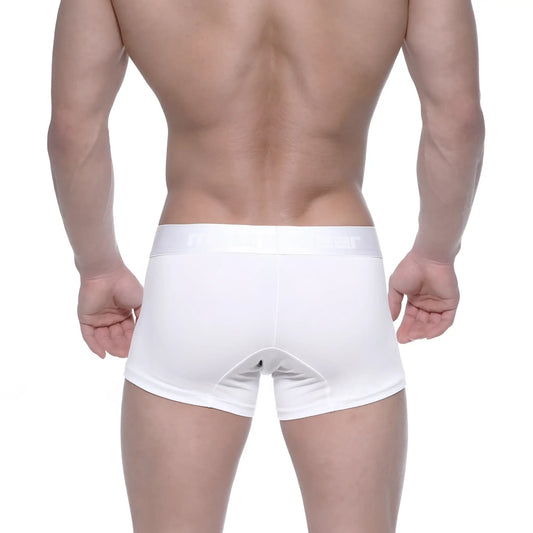 White metro malewear cotton short boxer briefs with smooth form fitting design and subtle waistband branding