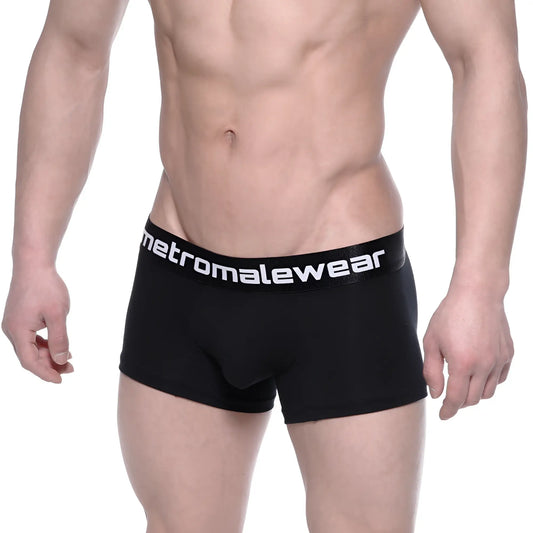 Black mens cotton briefs with a white metromalewear logo on the waistband for comfortable everyday wear