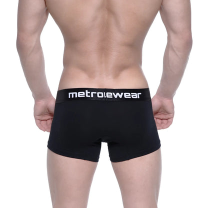 Black MetroMaleWear cotton short boxer briefs with intense 7 inch inseam and white logo waistband