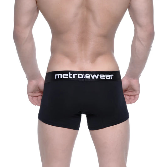 Black MetroMaleWear cotton short boxer briefs with intense 7 inch inseam and white logo waistband