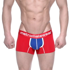Red and blue cotton metro male wear short boxer briefs with white trim and logo waistband 7 inch inseam