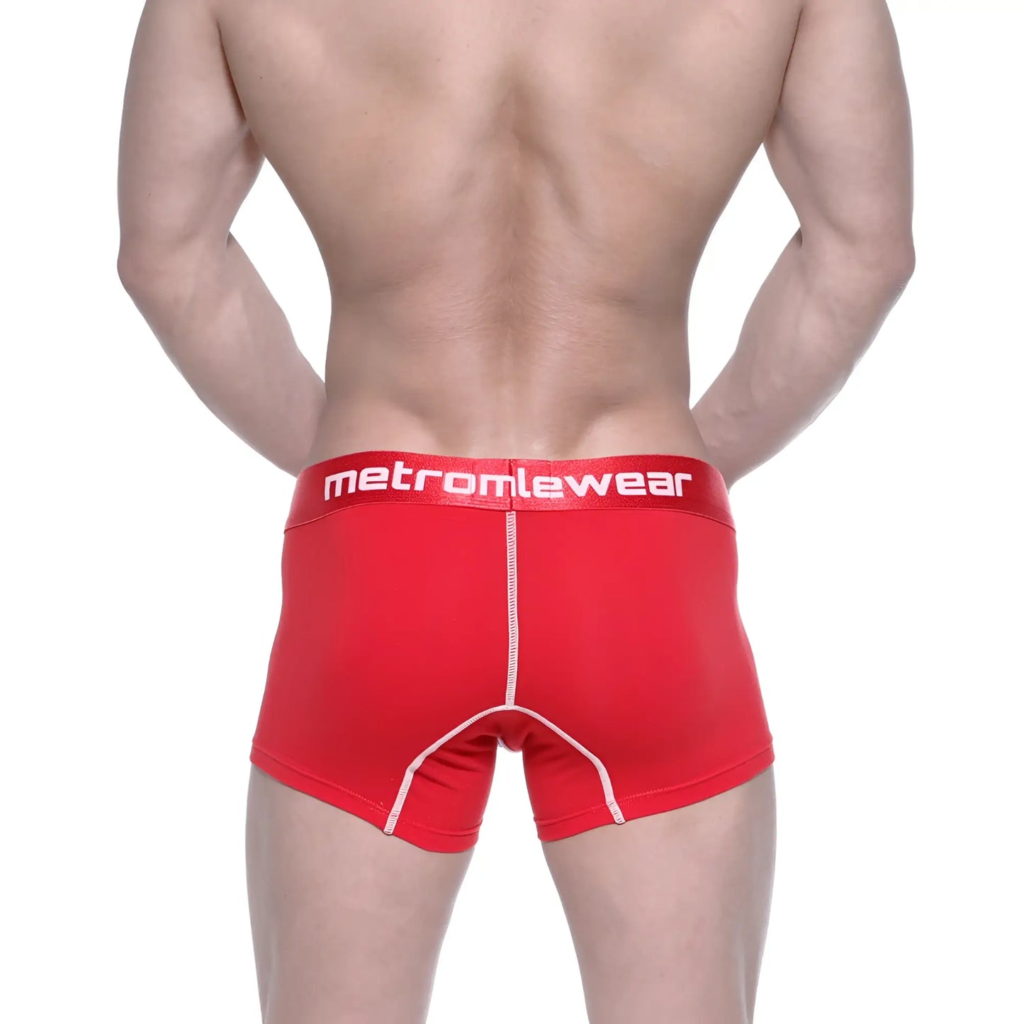 Red metromalewear cotton boxer briefs with white stitching and a branded waistband for comfortable wear