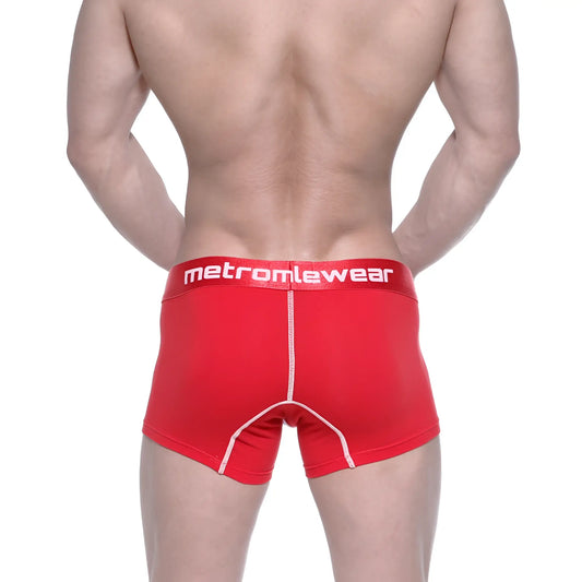 Red metromalewear cotton boxer briefs with white stitching and a branded waistband for comfortable wear