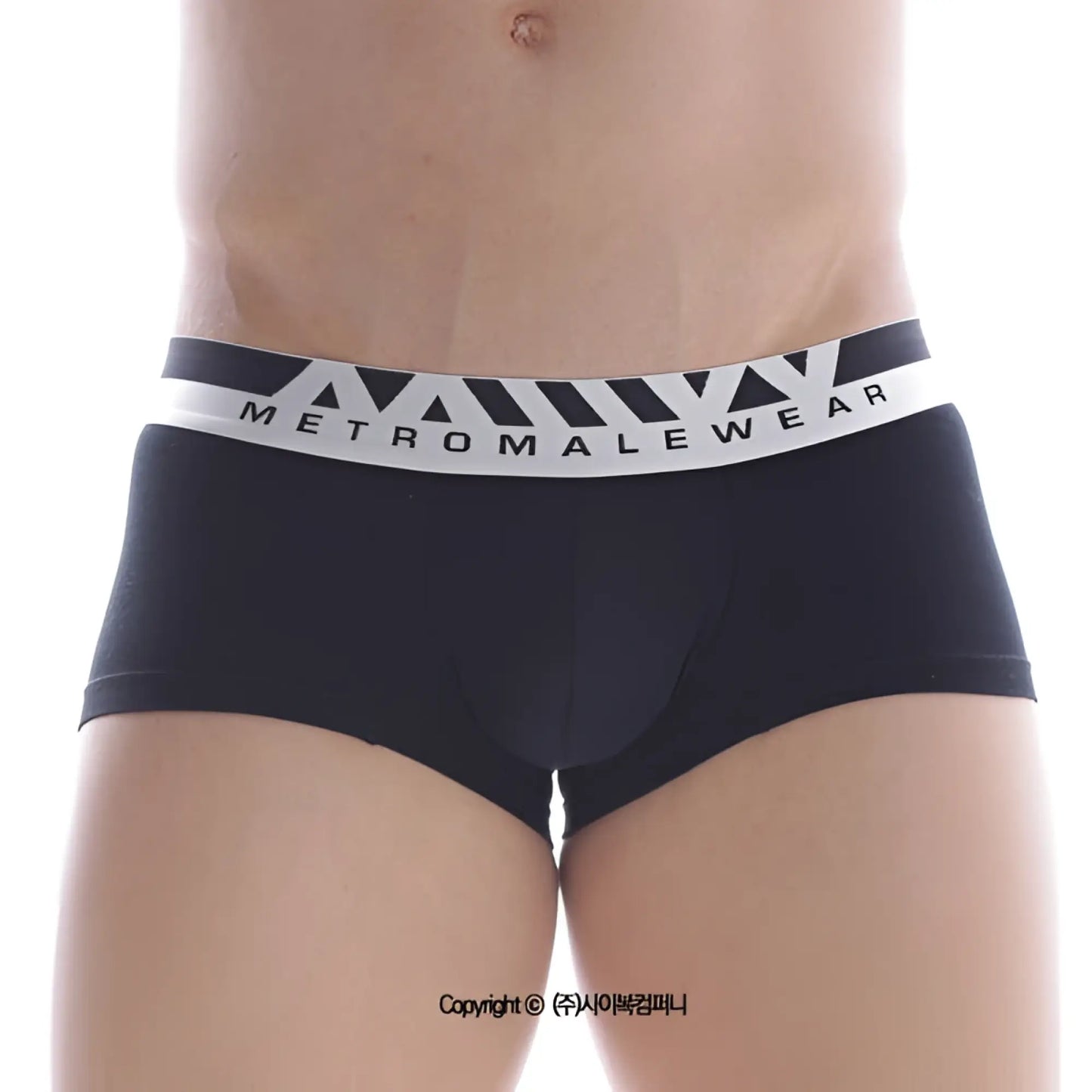 Black mens cotton briefs with white metromalewear logo waistband and geometric triangle patterns 7 inch boxer