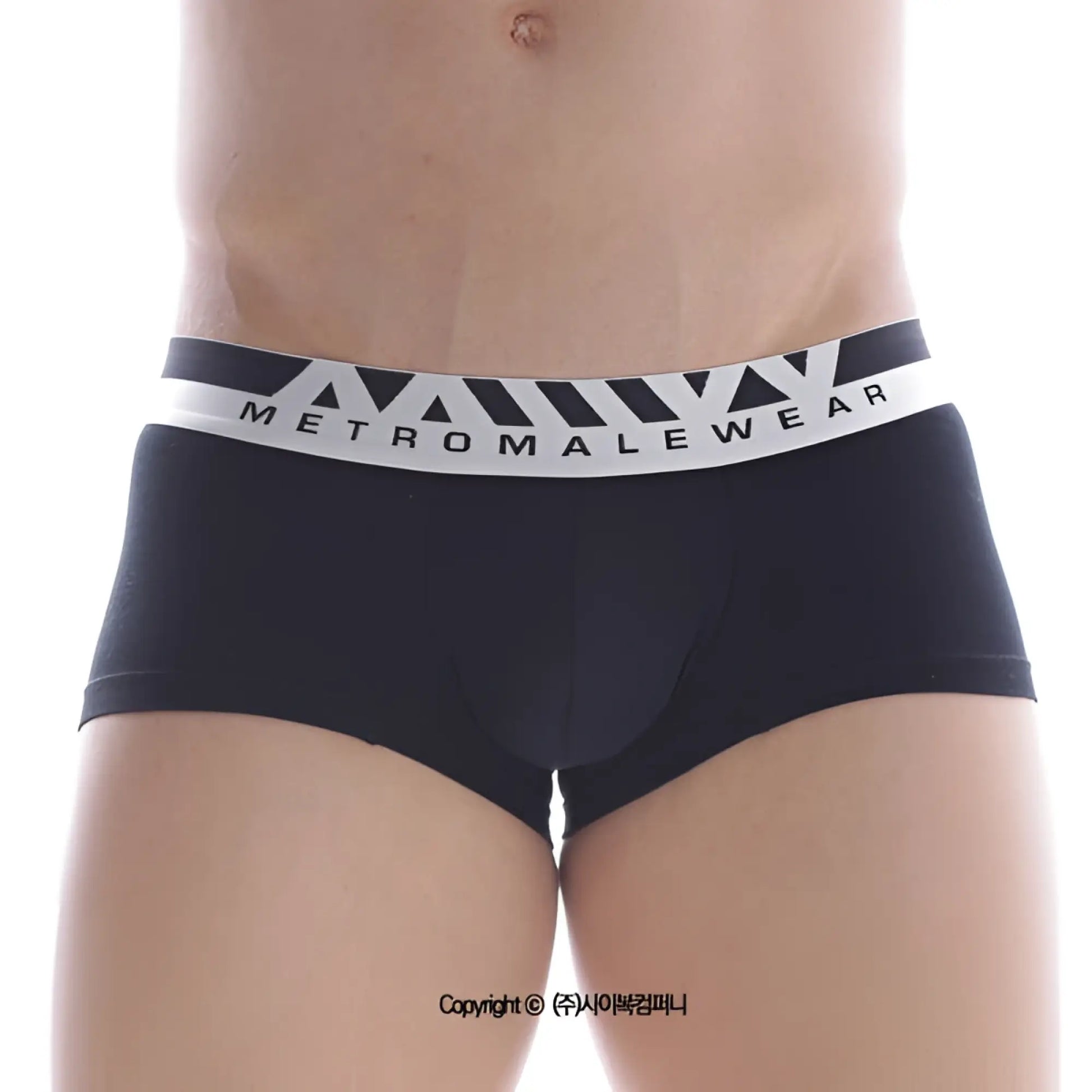 Black mens cotton briefs with white metromalewear logo waistband and geometric triangle patterns 7 inch boxer