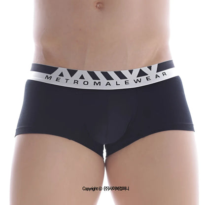 Black mens cotton briefs with white metromalewear logo waistband and geometric triangle patterns 7 inch boxer