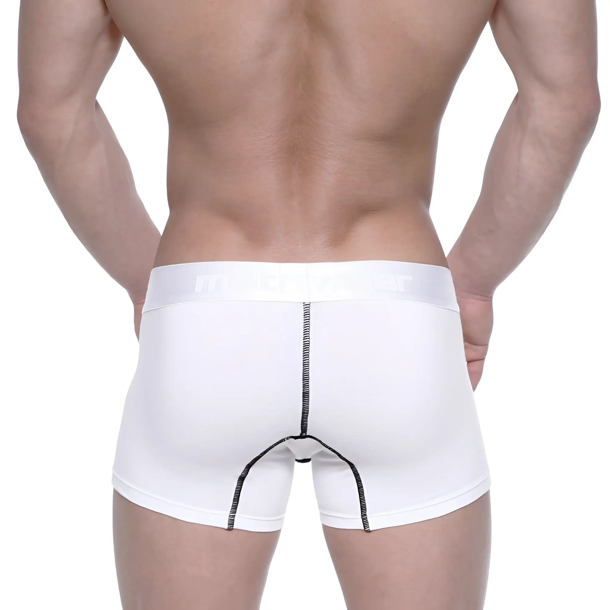 White men’s cotton boxer briefs with black seam stitching and subtle logo on waistband metro male wear 7 inch